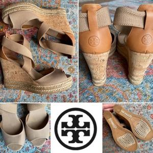 Tory Burch Frieda Platform Wedge Espadrille Tan Khaki Sandals 10